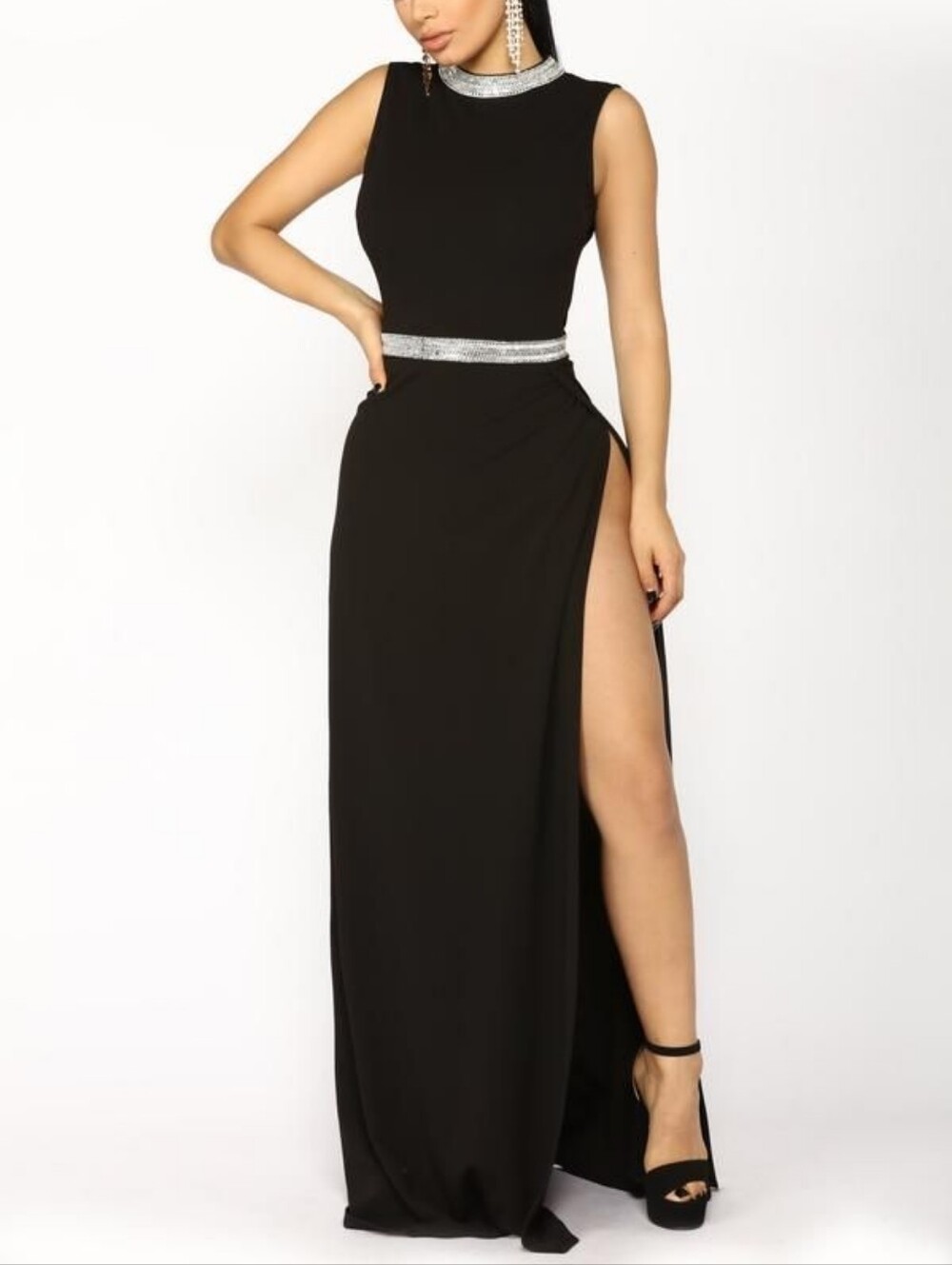Fashion Nova Black Embellished Maxi Dress Like New Sz Large